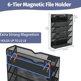 Ounyoizs 6-Tier Magnetic File Holder, Large Capacity File Cabinet Organizer, No-Drill Mount Hanging Magnetic Paper Holder for File Cabinets, Office, Whiteboard, Magnetic Mail Holder, Black