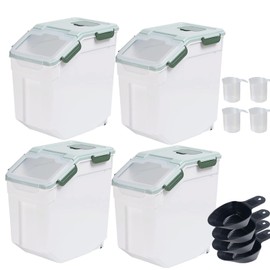 Large Flour Storage Container, 4 Pack Airtight Rice Cereal Grain Dispenser Organizer Storage Box with Wheels, Seal Locking Lid, Measuring Cup, Scoop for Flour, Rice, Grain (-Green)
