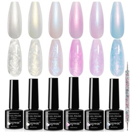 Supwee Pearl Gel Nail Polish Set - 6 Colors Thread Shell Gel Polish Glitter Shimmer Soak Off UV LED Lamp Shiny Pearlescsent Spiral Effect for Home Salon Manicure Gel Nail Kit
