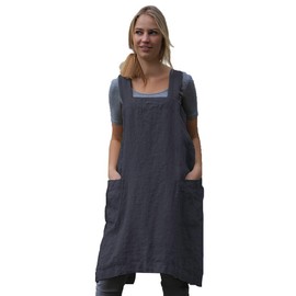 Pinafore - Delantal cuadrado para mujer, con espalda cruzada, mezcla de algodón/lino con 2 bolsillos, color gris oscuro, talla 3XL