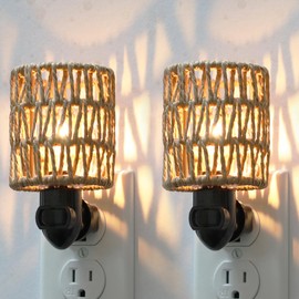 LOIWON Boho Plug in Night Light with Switch, 2-Pack Farmhouse LED Night Lights Plug into Wall Socket, 0.5W Baby Nursery Nightlight with Bohemian Rattan Lamp Shade for Adult Kids Room Bathroom Hallway