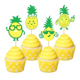 Ercadio Paquete de 24 adornos para cupcakes de piña, con purpurina verde, para cupcakes, hawaiano, luau, tropical, verano, Aloha, tema de despedida de soltera, fiesta de cumpleaños, suministros de decoración de pasteles