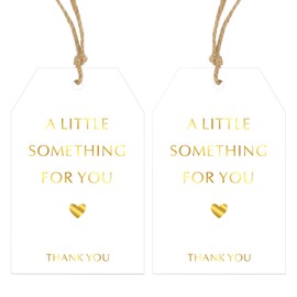 Anwyll Thank You Gift Tags with String,50Pcs Gold Foil Thank You Gift Tags,Baby Shower Favors Tags Birthday Thank You Party Favor Tags Wedding Favors Tags,A Little Something for You Tags for Treat Bag