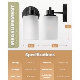 2-Pack Farmhouse Wall Sconces Light, Indoor Black Bath Vanity Light Fixtures with White Frosted Glass Shade, Modern Bathroom Wall Mounted Lighting Vintage E26 Base Lamp for Bedroom, Porch, Kitchen