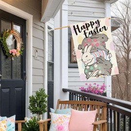 ARGOOFG Happy Easter Bunny House Flag 28x40 Inch Double Sided Outside Rabbits Easter Eggs Spring Flower Seasonal Decorative Holiday Large Garden Yard Flag Outdoor Decoration 4-28