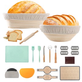 Sourdough Bread Baking Supplies, Sourdough Starter Kit for Bread Making Includes 9" Round and 10" Oval Banneton Bread Proofing Basket with Liners Sourdough Kit Gifts for Bakers Women Wife Mom