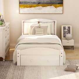 SOFTSEA Twin Size Bed Frame with Drawers, Twin Size Platform Bed with Headboard and Footboard, Wood Support Slats/No Box Spring Needed/Easy Assembly (White)