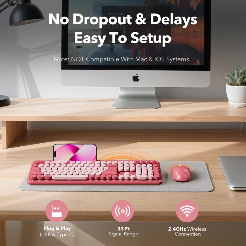 Wireless Keyboard and Mouse Combo, Rose, Round Keycaps, Phone/Tablet Holder