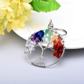 Jovivi 7 Chakra Tree of life Crystal Keyring Gemstone Healing Crystals Key Ring Women Silver ID Tag Car Keychain Tumbled Stone Beads Key Chain Men