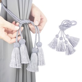 Porlau Elegant Curtain Tiebacks Rope Decorative Curtain Tie Backs for Drapes Hand Woven Window Treatment Holdbacks with Tassel, Grey 2pack