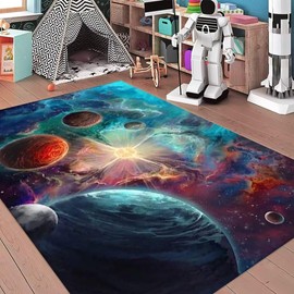 ZSSZO Medium Outer Space Area Rugs for Kids Room Planet Nebula 3D Printed Throw Rugs Starry Sky Floor Mats for Playroom,4'×6'