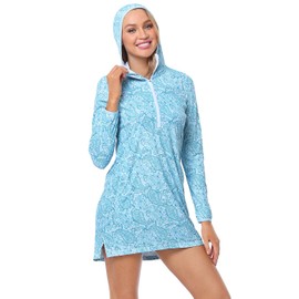 HDE Beach Coverups for Women UPF 50 Long Sleeve Swim Cover Up Dress with Hood Teal Paisley - L