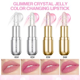 Hulyfw 2Pcs Glimmer Crystal Jelly Color Changing Lipstick,Long Lasting Nourishing Moisturizing Magic PH Natural Chapstick Lip Balm,Hydrate & Plump Pink Shimmer Lipstick(02#+04#)