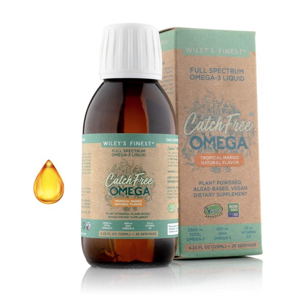 Wiley's Finest CatchFree Omega - Vegan, Non-GMO Fish Oil Alternative - Full Spectrum Omega-3 Liquid Supplement with Organic Plant-Based Algae Oil - Tropical Mango Flavor - 4.23 Oz (25 Servings)