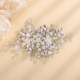 Teyglen Silver Crystal Pearl Wedding Hair Comb Bride Wedding Hair Accessories with Rhinestone Wedding Hair Comb Bridal Crystal Flower Headpiece for Women Party Prom(Silver)