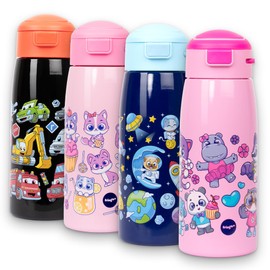 Fringoo Kids Water Bottle with Straw 350ml Stainless Steel Bottle,Insulated Double Wall, 100% Leak-Proof and Lockable, Carry Handle, 12hr temp control, Pink cute animals design