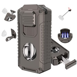 5-in-1 Multi-Functional Torch Lighter, Cutter and Punch, Needle, Holder, Luxury Gifts for Men Butane Refillable Windproof Lighter for Travel Black (Butane Gas not Included)