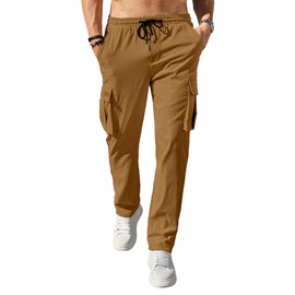 PLEPAN Men's Casual Cargo Pants Drawstring Hiking Pants Workout Tactical Joggers Sweatpants for Men Brown Small