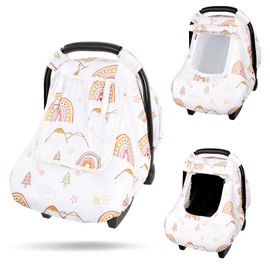 Jundetye Car Seat Covers for Baby, Baby Car Seat Cover with Peep Mesh Window, Windproof Infant Car Seat Canopy for Girls Boys, Machine Washable, Rainbow Star