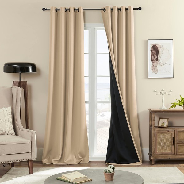 Rutterllow 100% Blackout Curtains 2 Panels, Full Shade 108 Inches Long Complete Drapes for Living Room, Gray Thermal Insulated Bedroom Window Treatment Drapes (Khaki, 52x108 inch)