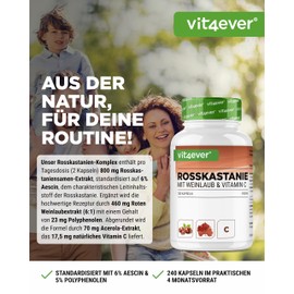 Rosskastanienextrakt - 240 Kapseln - Hochdosisiert mit 1330 mg Extrakt pro Tagesportion - Rosskastanie mit Weinlaub & Acerola Vitamin C - Ohne unerwünschte Zusätze, vegan