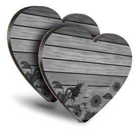 Destination Vinyl ltd Great Coasters (Set of 2) Heart - BW - Sunflowers on Rustic Wood Flowers Sun Drink Glossy Coasters/Tabletop Protection for Any Table Type #42116