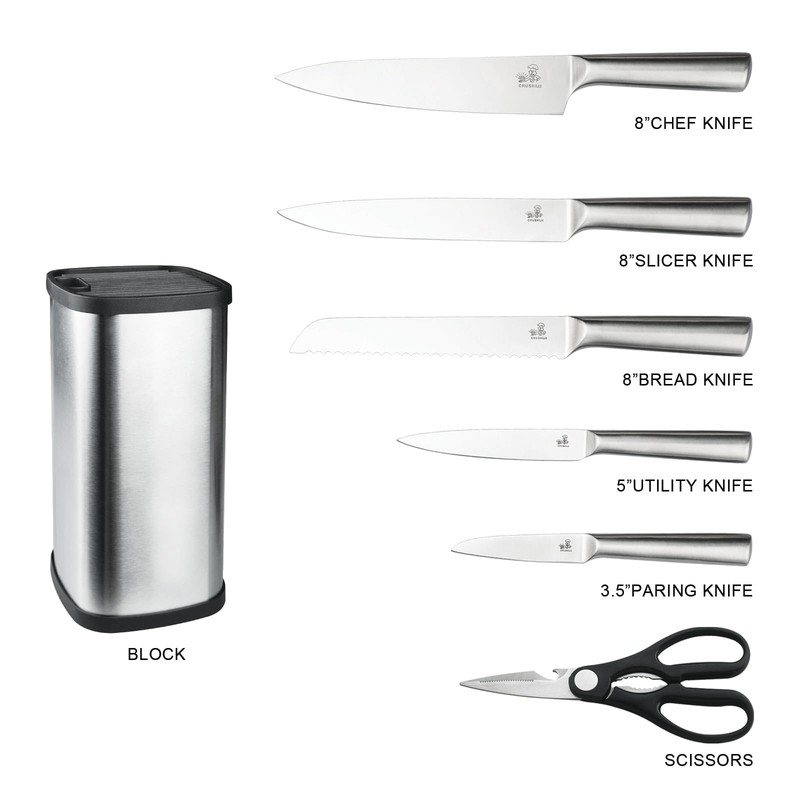 CHUSHIJI 6-Piece Silver Kitchen Knife Set | One-Piece Stainless Steel,