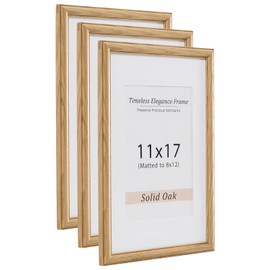 11x17 Picture Frame, Natural Solid Wooden Picture Frames with Tempered Glass, Display 8x12 with Mat or 11 x 17 Without, Vertical or Horizontal Wall Hanging Photo Frame, Natural Oak Color, 3 Pack