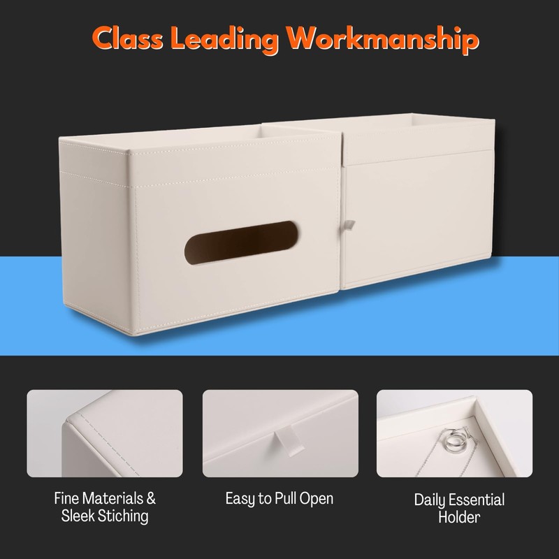 LAMOTI Rectangular Tissue Box Cover with Storage Tray, Leather Facial