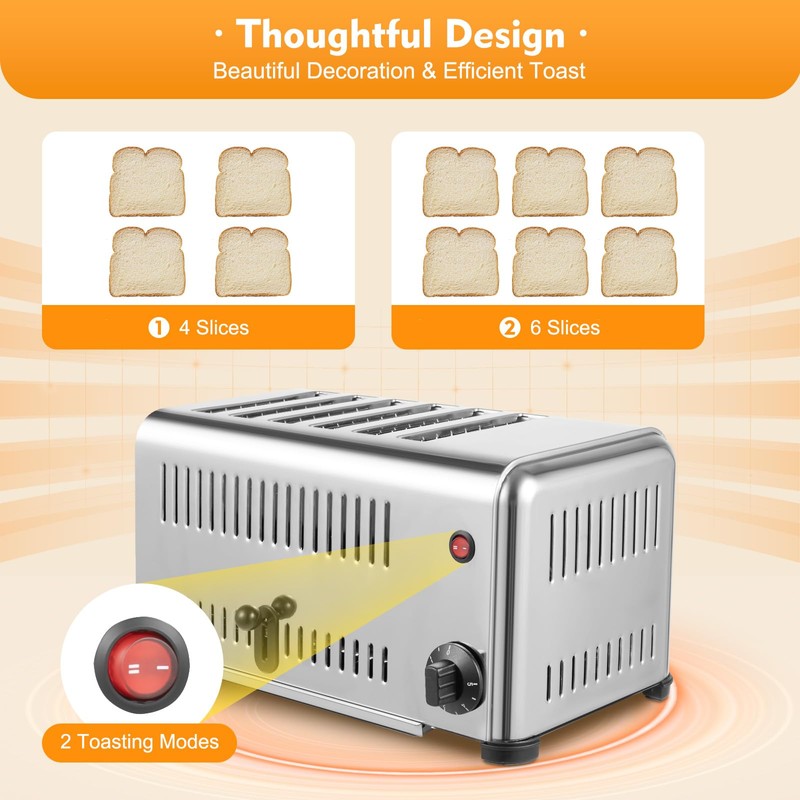 Commercial Pop-Up Electric Toaster 6 Slice Long Extra-Wide Slots with