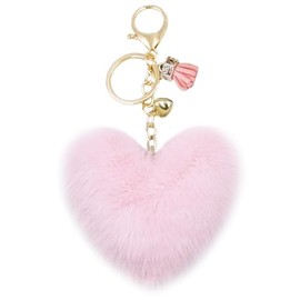 jtkdxqs Pom Pom Keychain Soft Artificial Rabbit Fur Plush Fluffy Key Ring Heart Shape Tassel Keychains for Women,pink