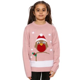 NOROZE Girls Christmas Jumper 3D Kids Bird Reindeer Retro Pullover Sweater, Christmas Sweater Girls (Bird Pink, 13 Years)