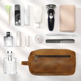 Ringsun Leather Travel Toiletry Bag for Men, Full Grain Leather Dopp Kit Shaving Bag Travel Organizer, Bourbon Brown