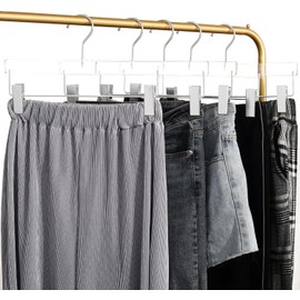 Besser 10 Pcs Acrylic Pants Hangers,Clear Acrylic Hangers with Matte Metal Clips，Lxurious Skirt Pants Hangers Clips for Clothing Closet Storage