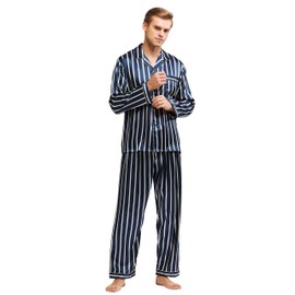 Tony & Candice Men's Classic Satin Pajama Set Sleepwear (Navy and Beige Striped, X-Large)