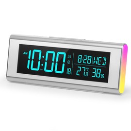 SPuRuiMaK Alarm Clock, Digital Calendar, Temperature, Humidity, Snooze Function, Dimmable, Multicolor Night Light, Japanese Instruction Manual Included (Silver)