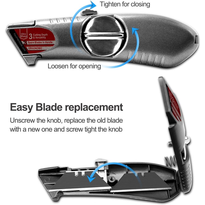HAUTMEC Heavy-Duty Retractable Utility Knife, Aluminum Box Cutter with 3-Position