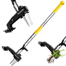 PHLEX PRO 4-Claw Stand Up Weed Puller Tool, Gardening Hand Weeding Tool with 39.3" Long Ergonomic Handle with Easy-Eject Mechanism-Yellow