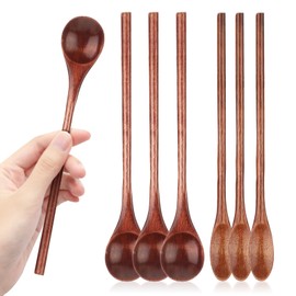 6 Pcs Wooden Coffee Spoons, Long Handle Wooden Teaspoon, Stirring Teaspoon Set, Small Mixing Wooden Spoon for Stirring Coffee, Tea, Honey, Tasting Spoon Set for Kitchen Stirring