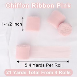 4 Rolls Chiffon Silk Ribbon Frayed Edge Chiffon Ribbon 1-1/2 Inch Wide 21 Yards Long Handmade Fringe Silk Chiffon Ribbon for Crafts Weddings and Home Decor Pink #22
