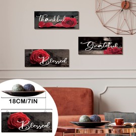 Hillban 3 Pieces Rose Wooden Wall Decor Thankful Grateful Blessed Wooden Signs Inspirational Wall Art Signs Wedding Wall Decor for Room Kitchen Bathroom (Red,10 x 4 Inch)
