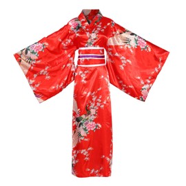 Women's Japanese Kimono Costume Traditional Geisha Robe Anime Printed Bathrobe Pajamas Beautiful Sleepwear With Peacock (one size, Bright red)