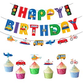 Transportation Theme Birthday Party Decorations Set, Happy Birthday Banner with Vehicles, Cupcake Toppers, 15 Pieces