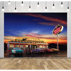 BELECO 7x5ft Fabric Retro American Diner Backdrop Rock it Diner Vintage 50s Diner Classic Cars Motorcycle Motel Background 1950s Diner Theme Party Decorations Birthday Shoot Photo Props