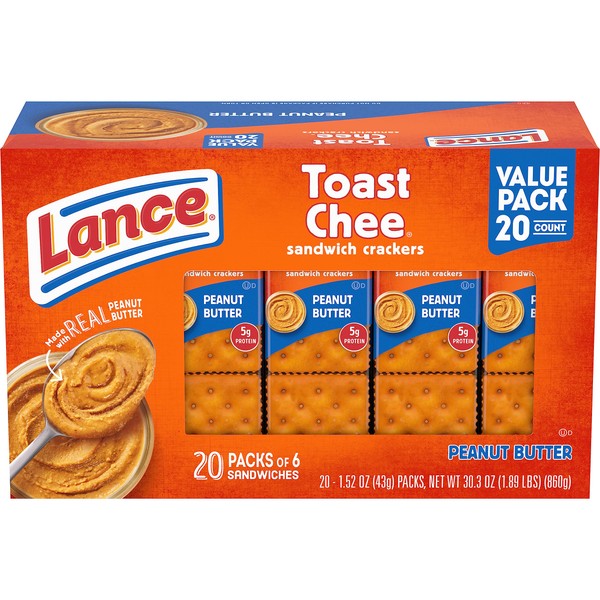 Lance Sandwich Crackers, ToastChee Peanut Butter, 20 Individually Wrapped Packs, 6 Sandwiches Each (Pack of 6)