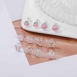 6-8 Pairs 925 Sterling Silver Earrings for Girls Women Hypoallergenic Earrings Tiny Heart Hoop Earrings CZ Ball Butterfly Daisy Stud Sets for Teenagers Children Toddler Pink Silver, Sterling Silver,