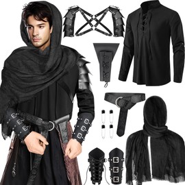 Fasouna 7 Pcs Men's Renaissance Costume Set Medieval Pirate Shirt Viking Shawl Belt Shoulder Armor Sword Bag Cosplay (Medium)