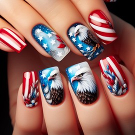 4th of July Press on Nails Medium Square MABKJLF Bald Eagle Fake Nails False Nails with Red White Stripes Designs Glossy Glue on Nails Blue Red White Acrylic Nails for Women Girls 24 Pcs