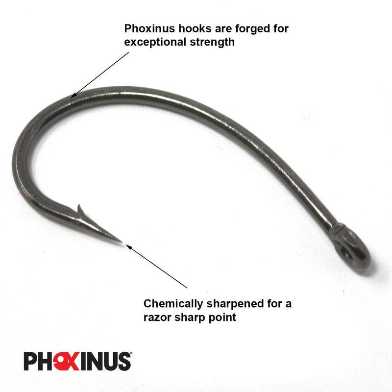 Phoxinus Curve Shank Carp Hooks, 50 Pack, Barbless, Size 12.