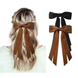 Black and Brown Hair Bows for Women - 2Pcs Silkly Satin Hair Ribbon Bow with Metal Clips Hair Accessories for Girls